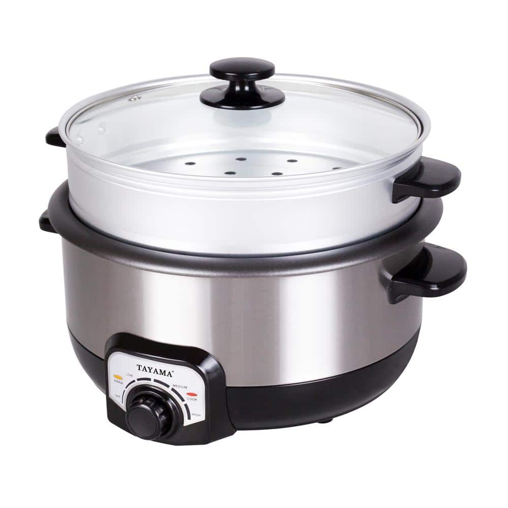 Tayama 3 qt. Black Stainless Steel Electric Non-Stick Hot Pot Multi-Cooker with Steamer and Glass Lid TMC-130SB