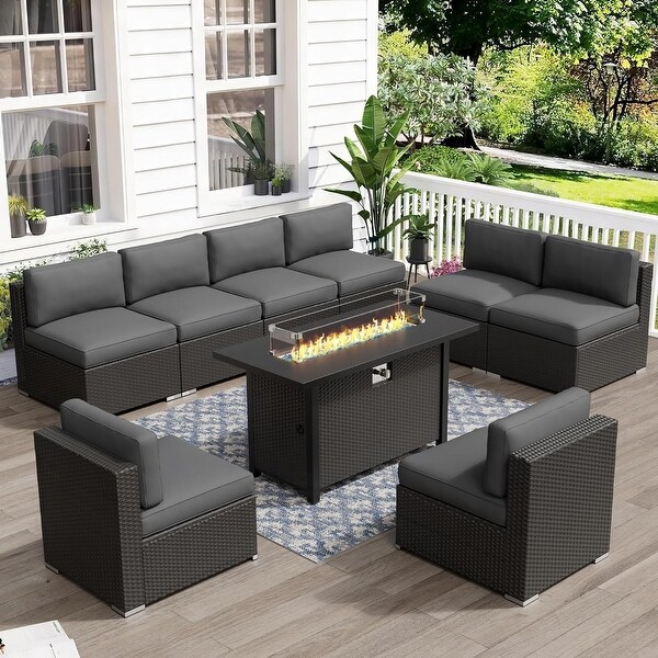 9Piece Outdoor Patio Furniture Sectional Sofa Set with Fire Pit Table