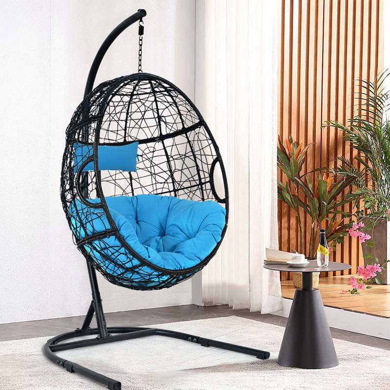 Outdoor Indoor Hanging Egg Chair Hammock Swing Chair with C Hammock Stand Set, Soft Seat Cushion & Pillow