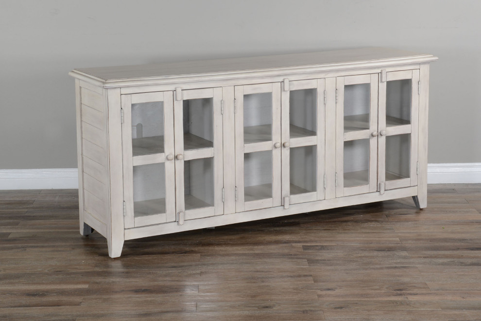 70 quotDistressed White TV Stand Media Console Glass Doors Storage Cabinet   Farmhouse   Entertainment Centers And Tv Stands   by Sideboards and Things  Houzz