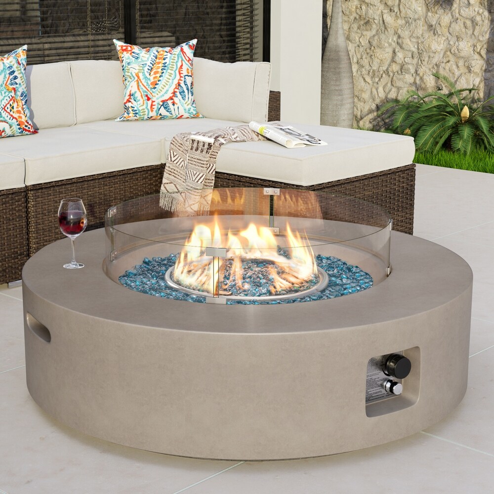 COSIEST Outdoor Round Propane Fire Pit w Wind Guard and Fire Glass