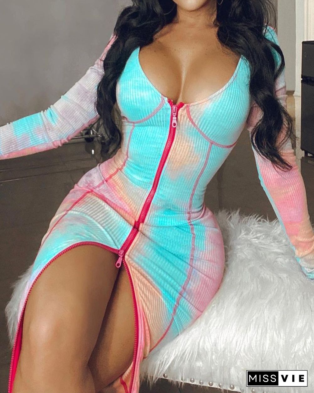 Tie Dye Zipper Front Ribbed Bodycon Dress