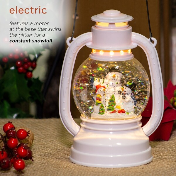 Alpine Corporation 8H Indoor White Christmas Snow Globe Lantern with Warm White LED Light