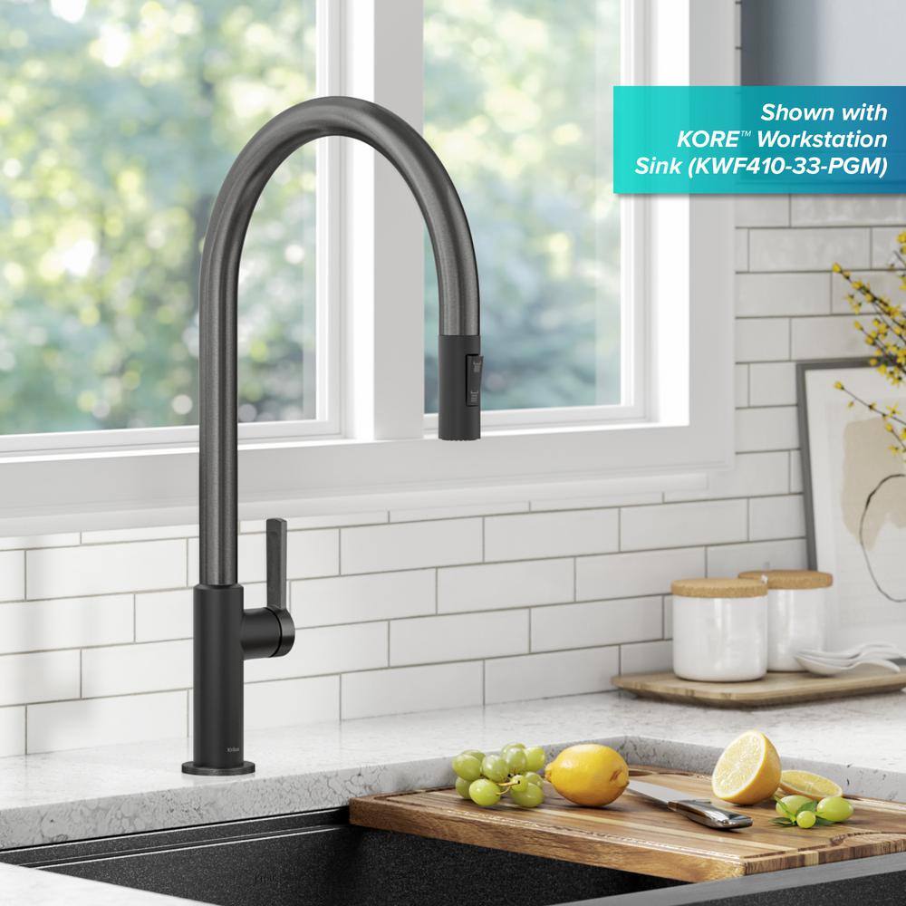 KRAUS Oletto High-Arc Single Handle Pull-Down Kitchen Faucet in Matte BlackSpot Free Black Stainless Steel KPF-2821MBSFSB