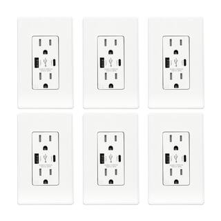 ELEGRP 25-Watt 15 Amp Dual Type A and Type C USB Wall Duplex Outlet Wall Plate Included White (6-Pack) R1815D50AC-WH6