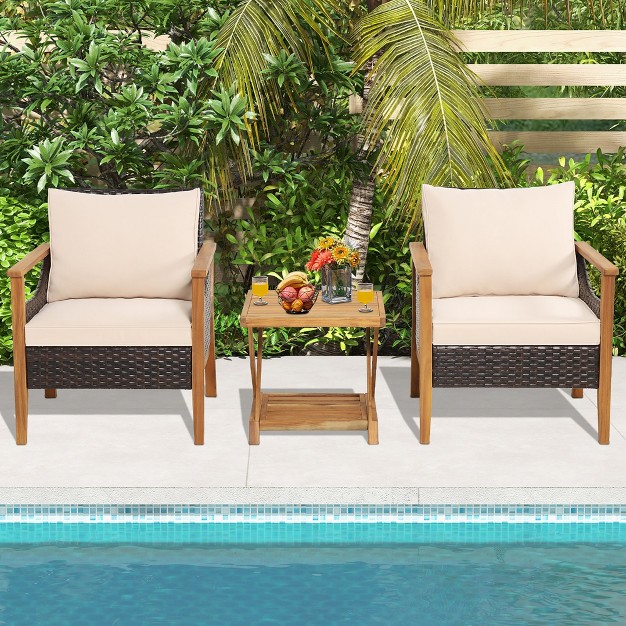 Costway 3pcs Patio Wicker Furniture Set Cushioned Armchairs With 2 tier Side Table Balcony