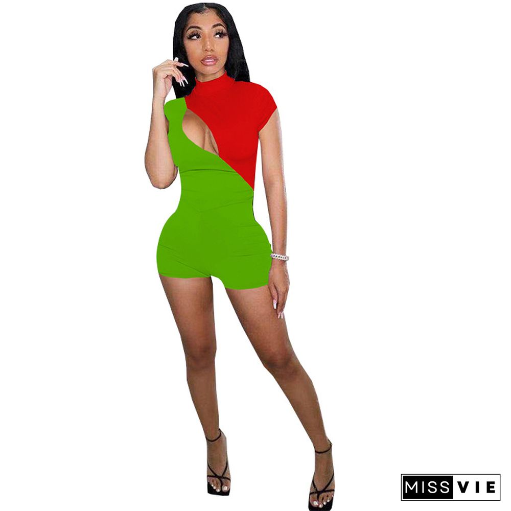 Hot Sales Women Patchwork Color Sleeveless O-Neck Hollow Out Summer Fashion Bodycon Romper