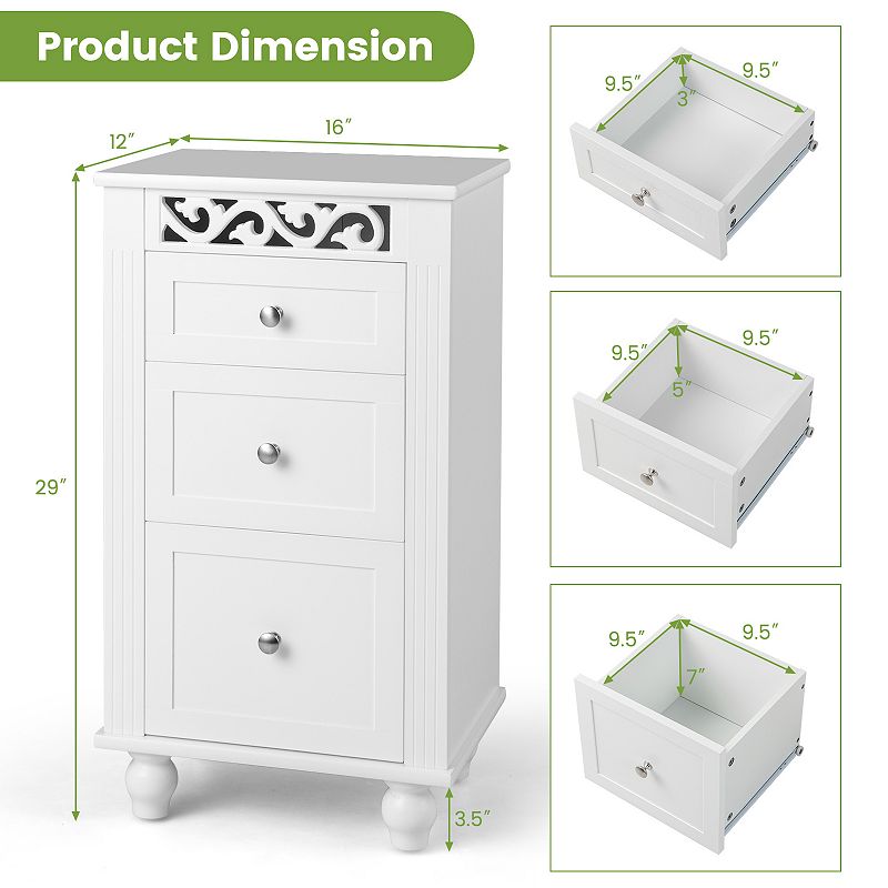 3-Drawer Freestanding Bathroom Storage Cabinet with Anti-toppling Device-White