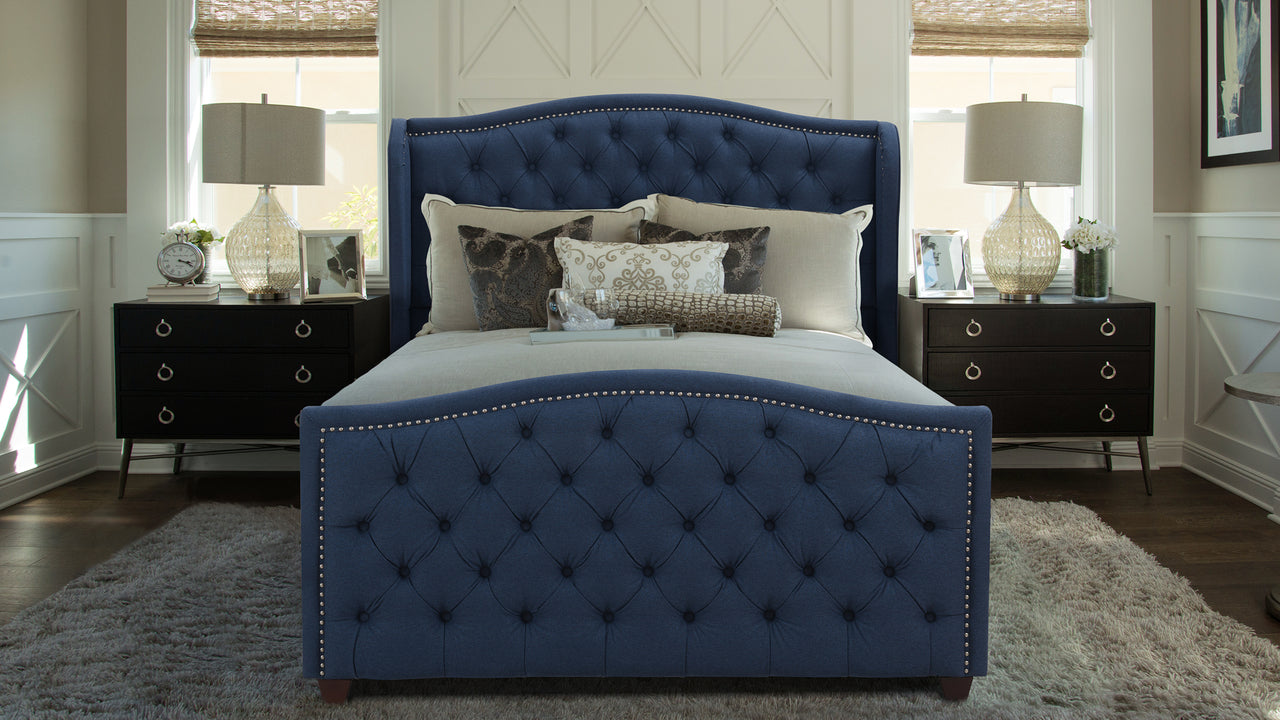 Marcella Tufted Wingback Queen Bed Dark Sapphire Blue