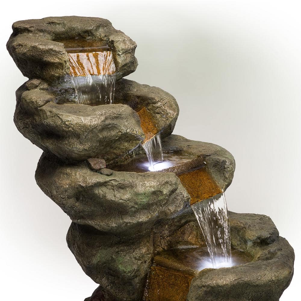 Alpine Corporation 48 in. Tall Outdoor Multi-Tier Pristine Waterfall Fountain with LED Lights TZL106