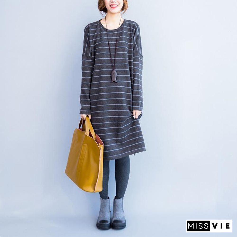 oversize gray striped knit dresses plus size women long sleeve sweater dress side open