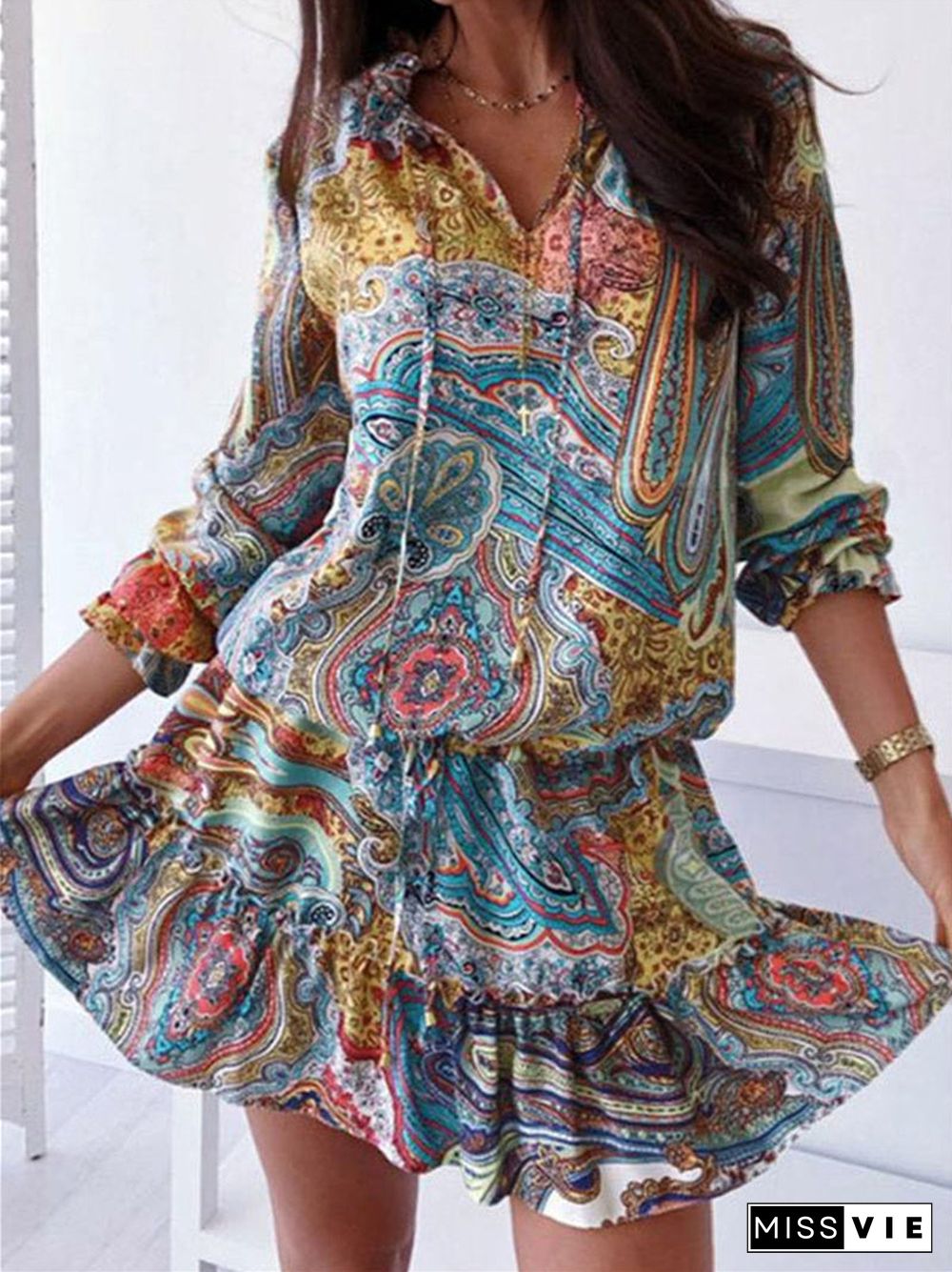 Women's Long Sleeve V-neck Floral Printed Lace-up Midi Dress