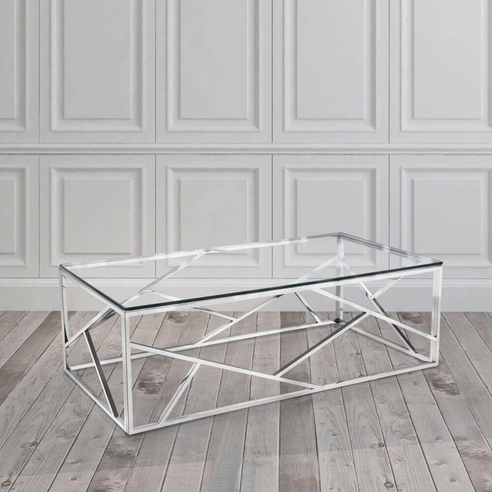 Modern Coffee Table  Geometric Polished Stainless Steel Finish Base  ampGlass Top   Contemporary   Coffee Tables   by Decor Love  Houzz