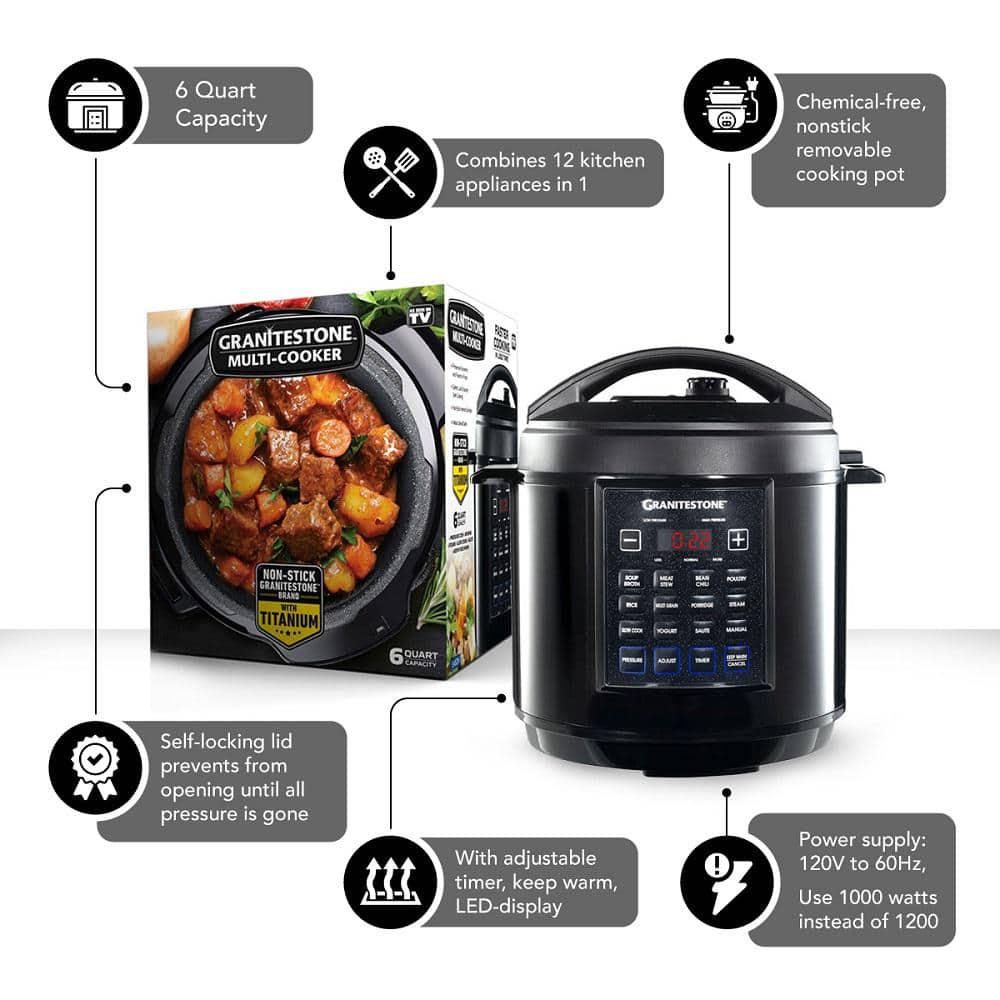 GRANITESTONE 6 Qt Black Electric Triple Layer Titanium Coating MultiPressure Cooker with BuiltIn Timer and PreSettings