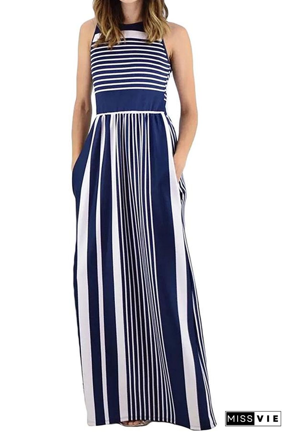 Mixed Color Sleeveless Stripe High Waist Maxi Dress