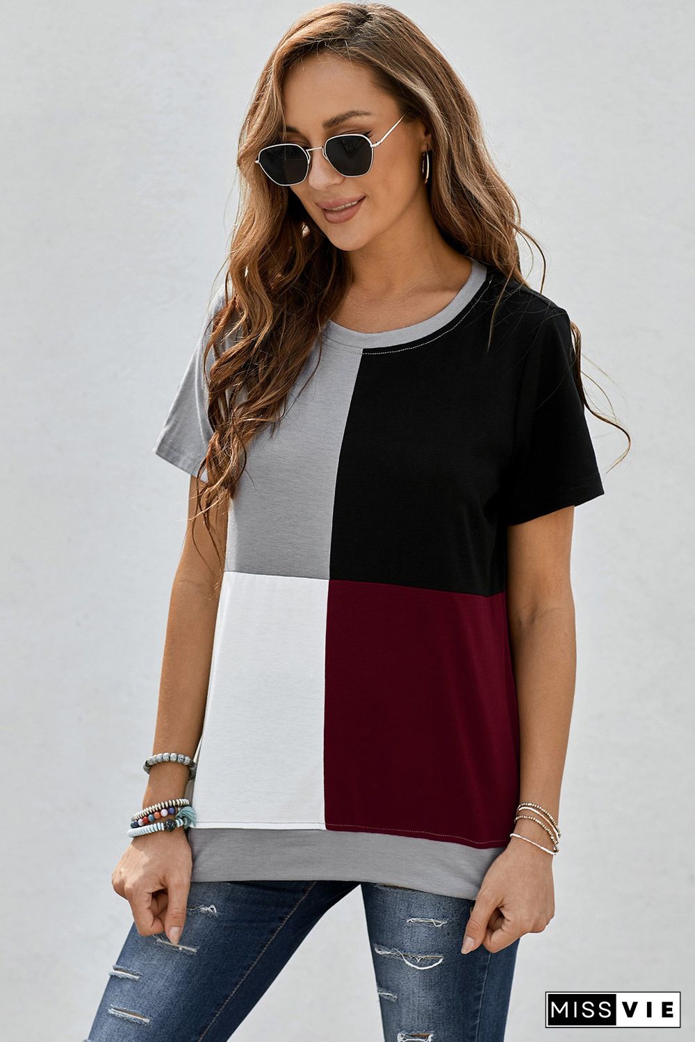 Wine Red Colorblock T-shirt with Slits