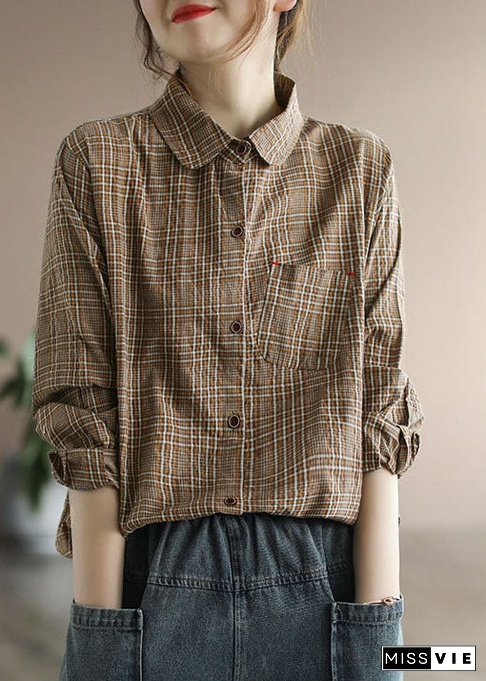 Chocolate Plaid Cotton Shirt Tops pocket Long Sleeve