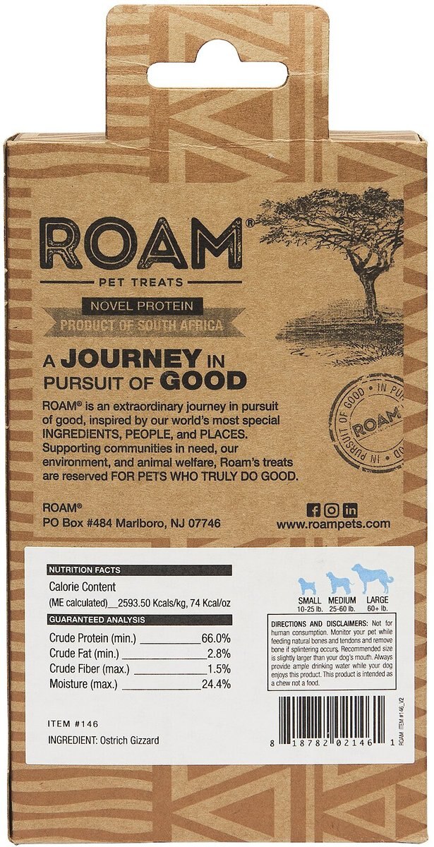 Roam Ossy Chews Cape Ostrich Dog Treats， 3-oz pouch