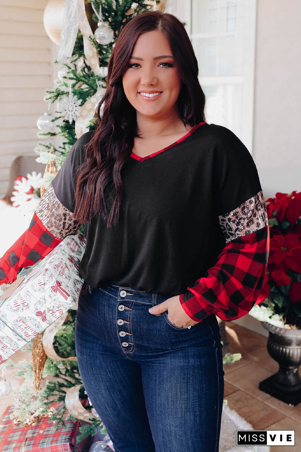 Black Sequined Leopard Insert Plaid Sleeve Plus Size Top