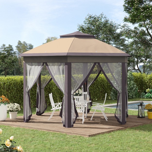 Outsunny 13 x27 X 13 x27 Pop Up Gazebo Hexagonal Canopy With 6 Zippered Mesh Netting 2 tier Roof Event Tent With Steel Frame For Patio Backyard