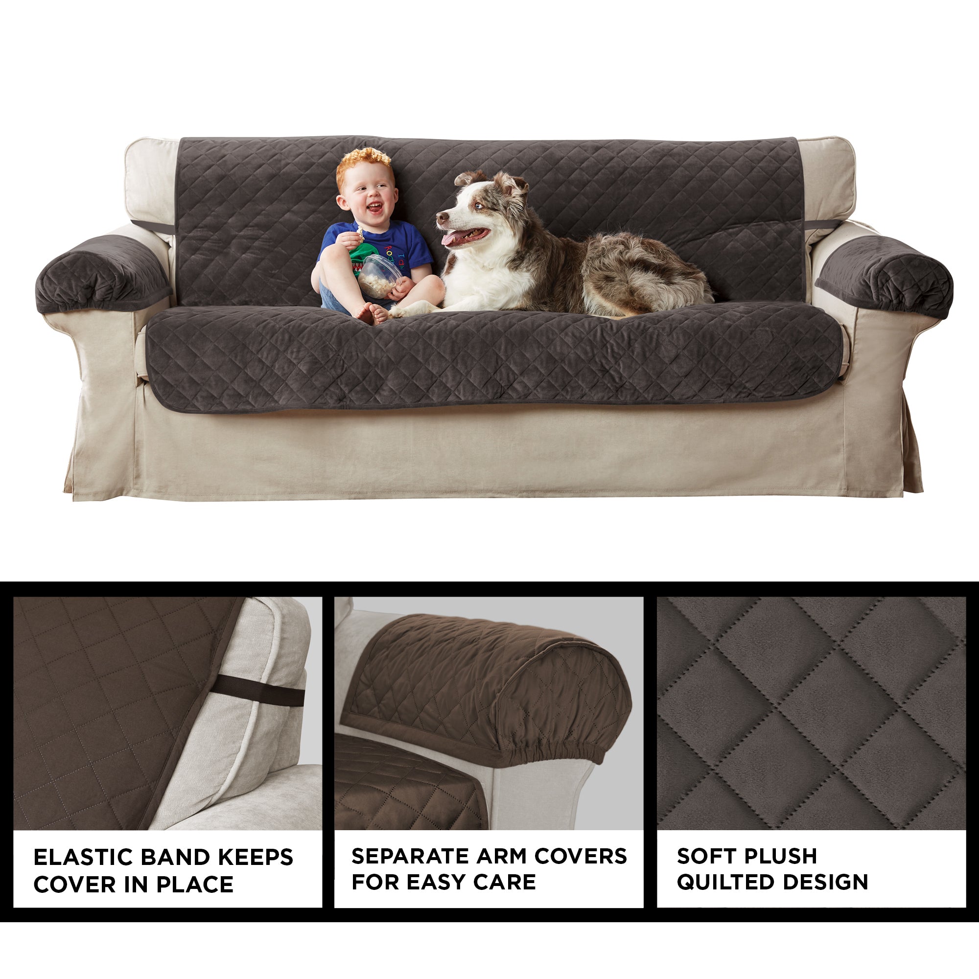 Mainstays 3-Piece Quilted Plush Sofa Pet Cover Multipurpose Furniture Protector, Chocolate