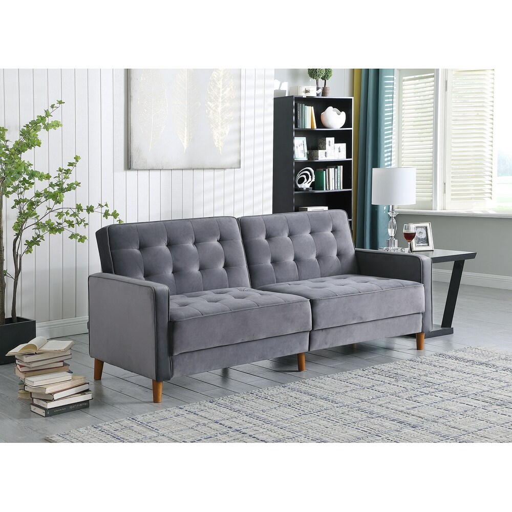 Modern Velvet Upholstered Sofa Bed Adjuastable Reclining Sofa with Split Tufted Back and Wooden Legs