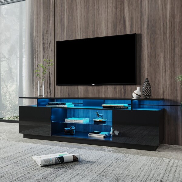 70''L Modern 2 Door TV Stand Media Console with Glass Shelf for Living Room Bedroom