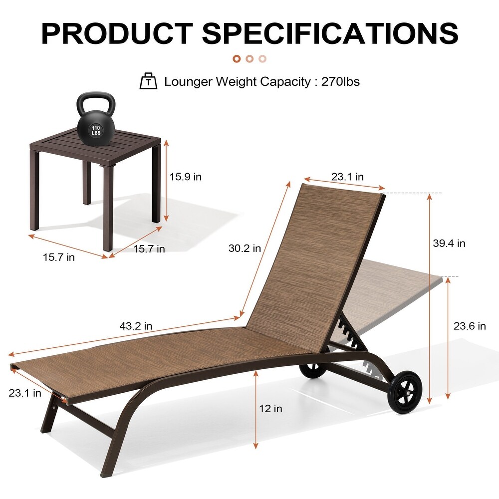 Outdoor Chaise Lounges and Side Table  Patio Lounger with Wheels 3 Piece Set   See Picture