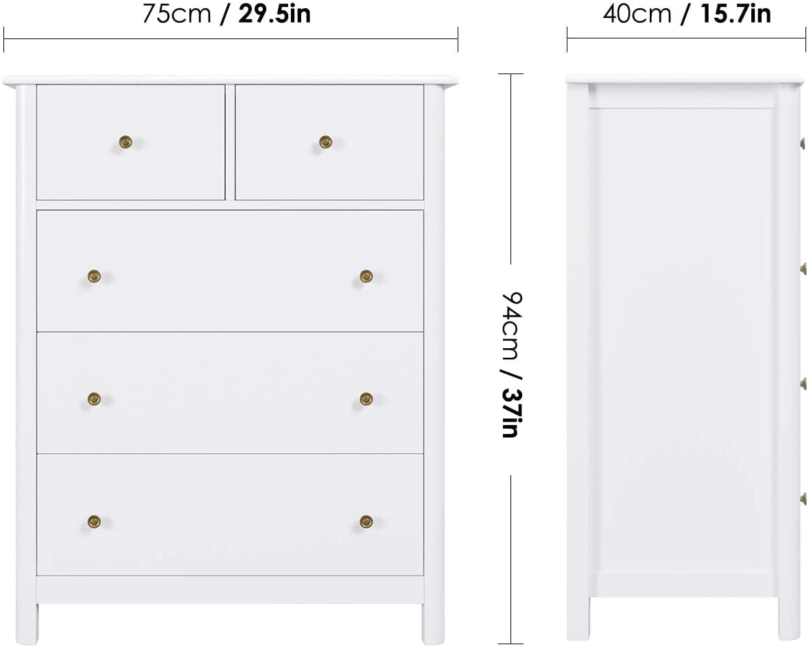 Homfa Kids Dresser of 5 Drawers, Dresser Chest with Easy Pull Handle for Bedroom, Living Room, White Finish