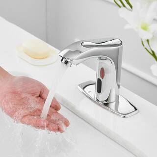 BWE Battery Powered Touchless Single Hole Bathroom Faucet With Deckplate Included and Pop Up Drain In Polished Chrome A-918107