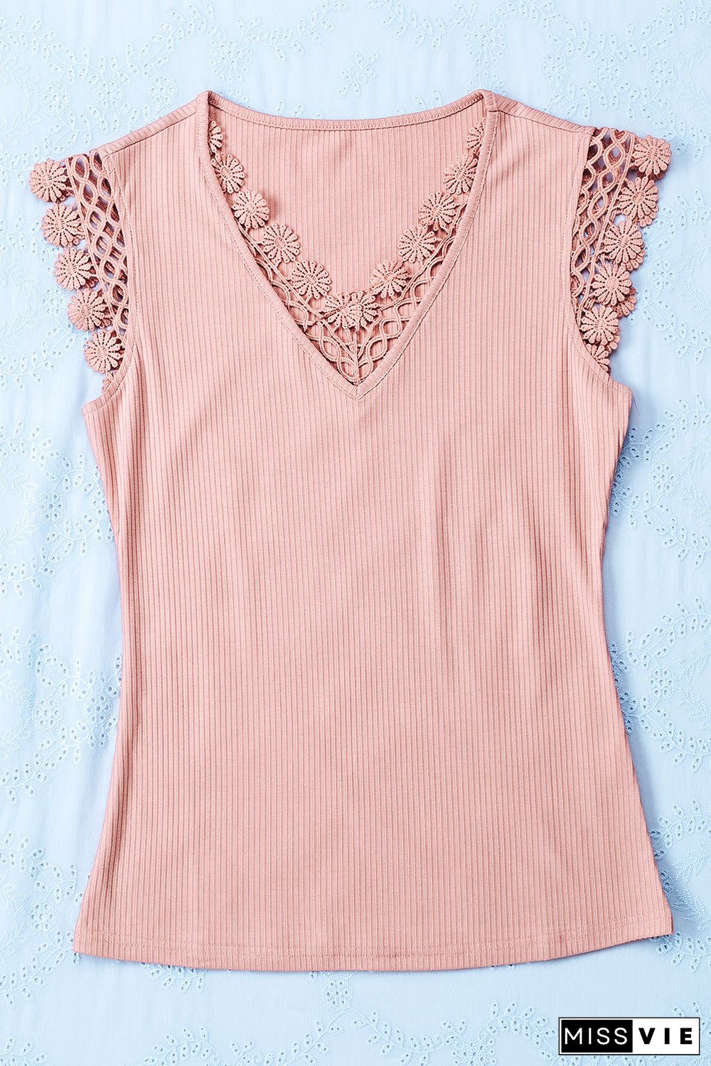 Lace Crochet Ribbed V Neck Tank Top