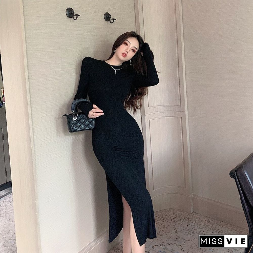 Spring and autumn long sleeve open slit long dress Slim sexy midi dress high waist bag hip dress black