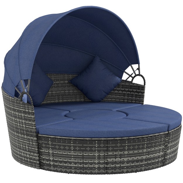 Outsunny Round Daybed 4 piece Cushioned Outdoor Rattan Wicker Sunbed Or Conversational Sofa Set With Sun Canopy