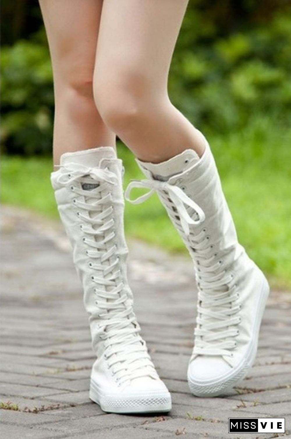 Womens Knee High Boots Flat Ankle Snow Dance Lace Up Canvas Long Boots Plus Size Color Black White Boots