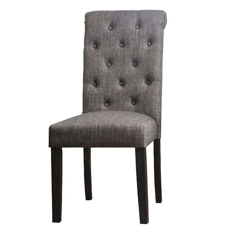 27 Inch Fabric Dining Chair， Button Tufted Rolled Back， Wood， Gray