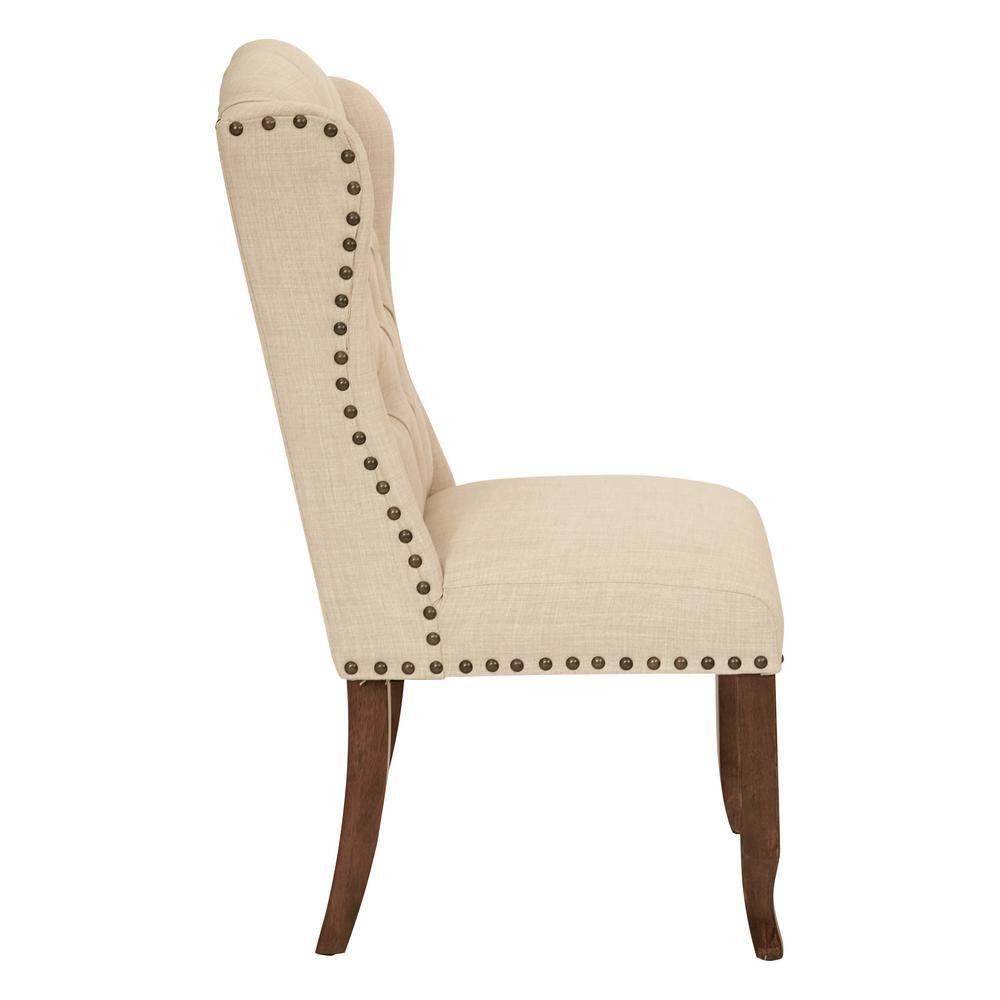 OSP Home Furnishings Jessica Linen Fabric Tufted Wing Chair with Bronze Nail-Heads and Coffee Legs JSAW-L38