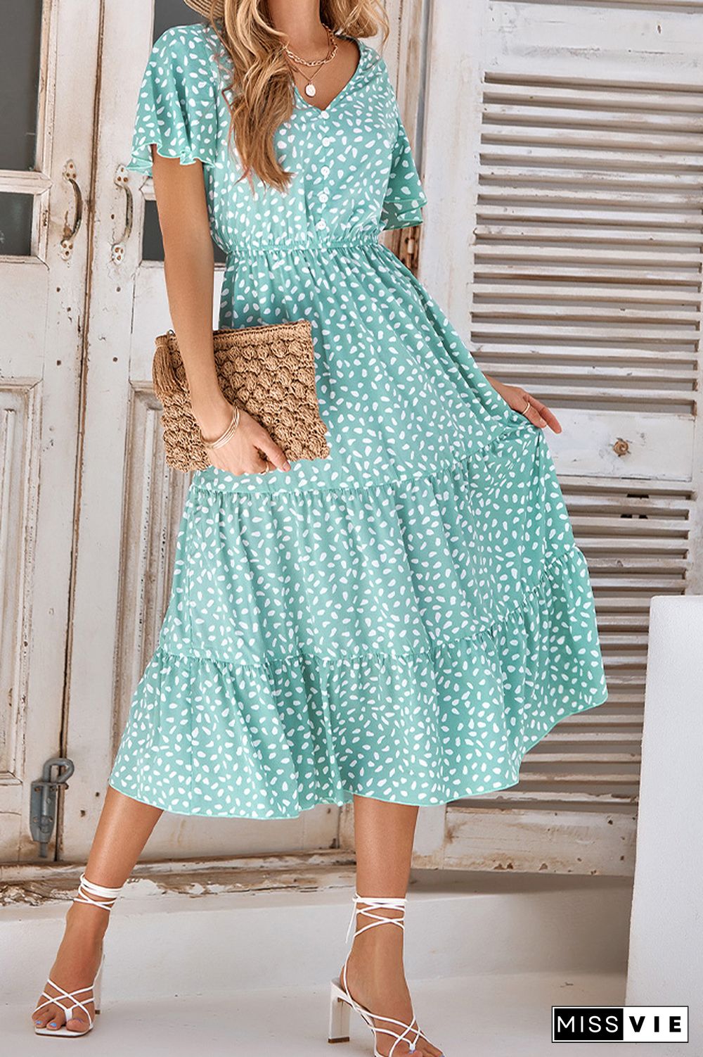 V Neck Printed High Waist Tiered Maxi Dress