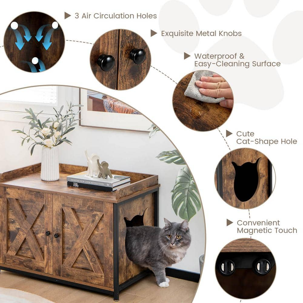 ANGELES HOME Wood Cat Litter Box Enclosure with Double Doors and Adjustable Footpads-Brown 108CKPV17CF