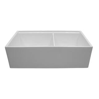 Barclay Products Maxwel White Fireclay 33 in. Double Bowl Farmhouse Apron Kitchen Sink with Accessory Ledge FSDB33AC-WH