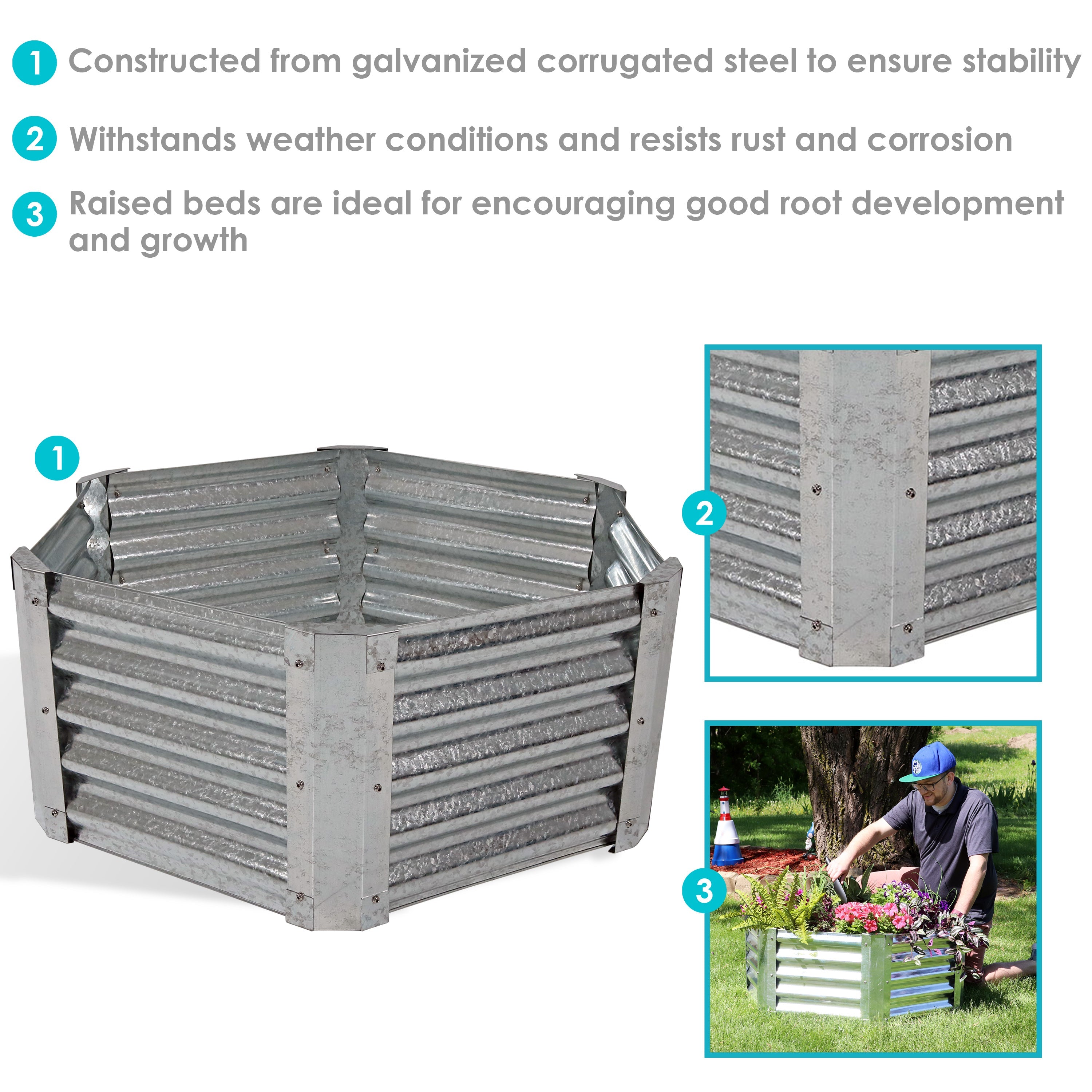 Sunnydaze Outdoor Lawn and Garden Galvanized Steel Hexagon Raised Vegetable Garden or Flower Bed Planter Kit - 22" - Silver