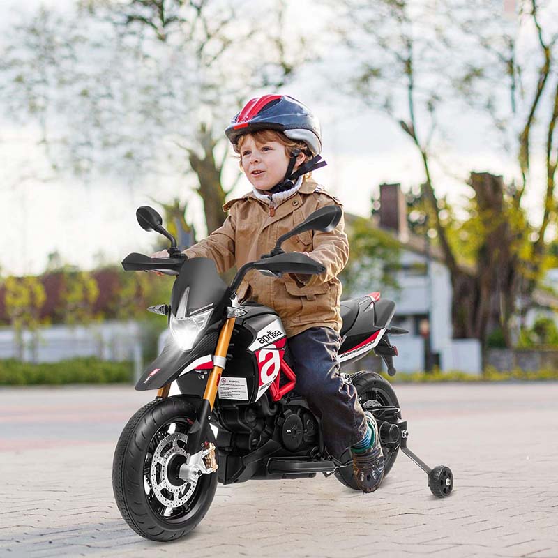 Licensed Aprilia Kids Ride on Motorcycle 12V Battery Powered Dirt Bike Riding Toy Motorbike with Training Wheels