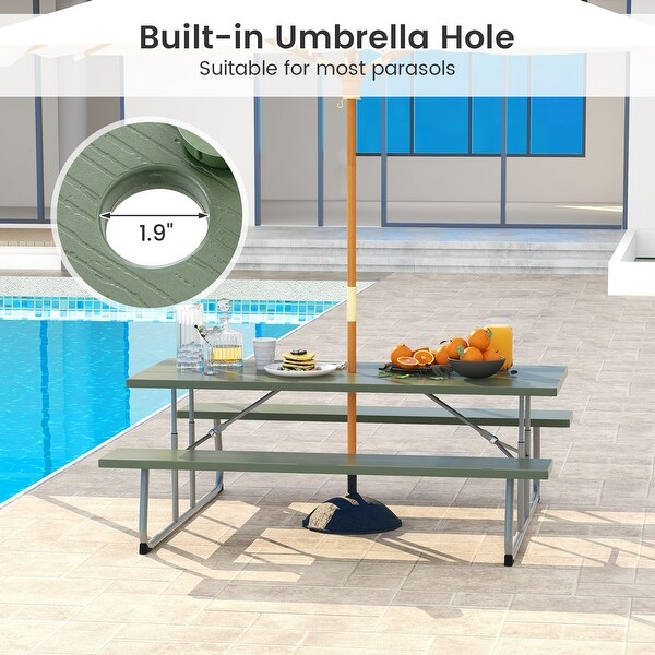 Folding Picnic Table Set with Metal Frame and AllWeather HDPE Tabletop，Umbrella Hole