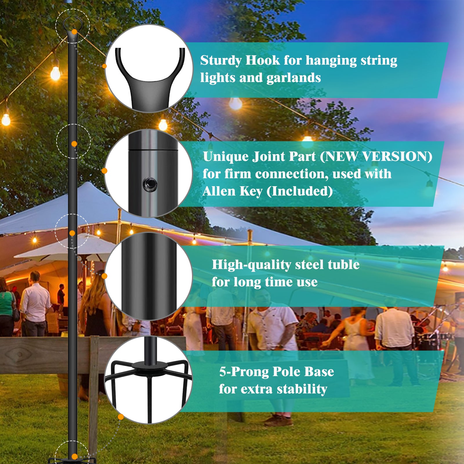 Docred 4PACK Outdoor String Light Poles， 9FT Steel Powder Coated Sun Shade Post for Hanging String Lights， Garden， Backyard， Patio Lighting Stand for Parties， Wedding