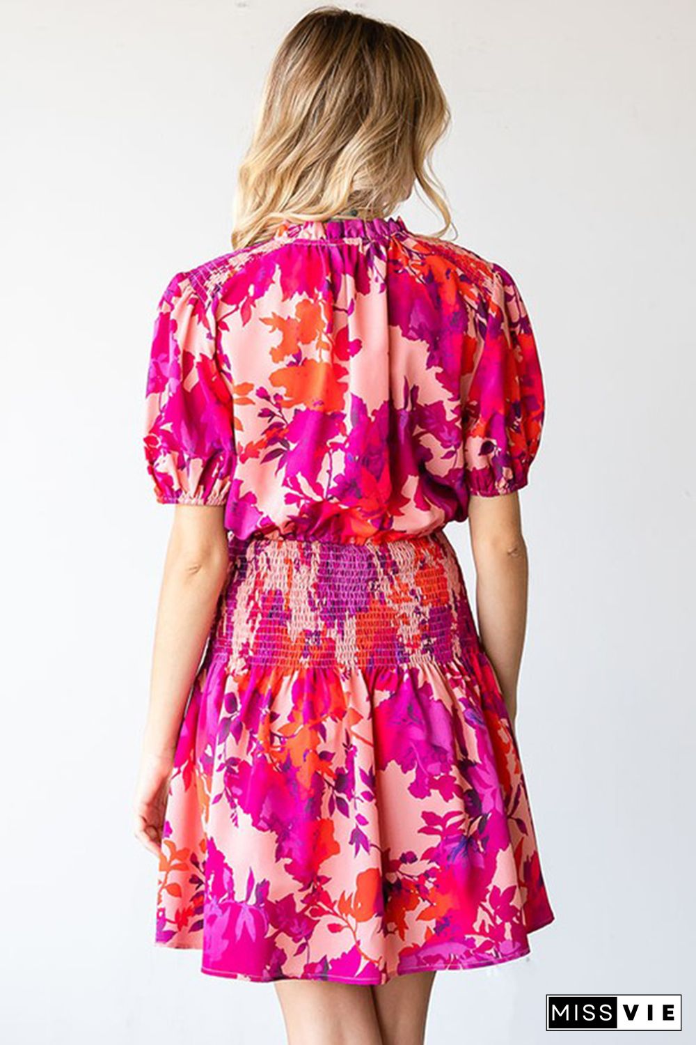 Rose Floral Smocked Waist Bubble Sleeve Flare Dress