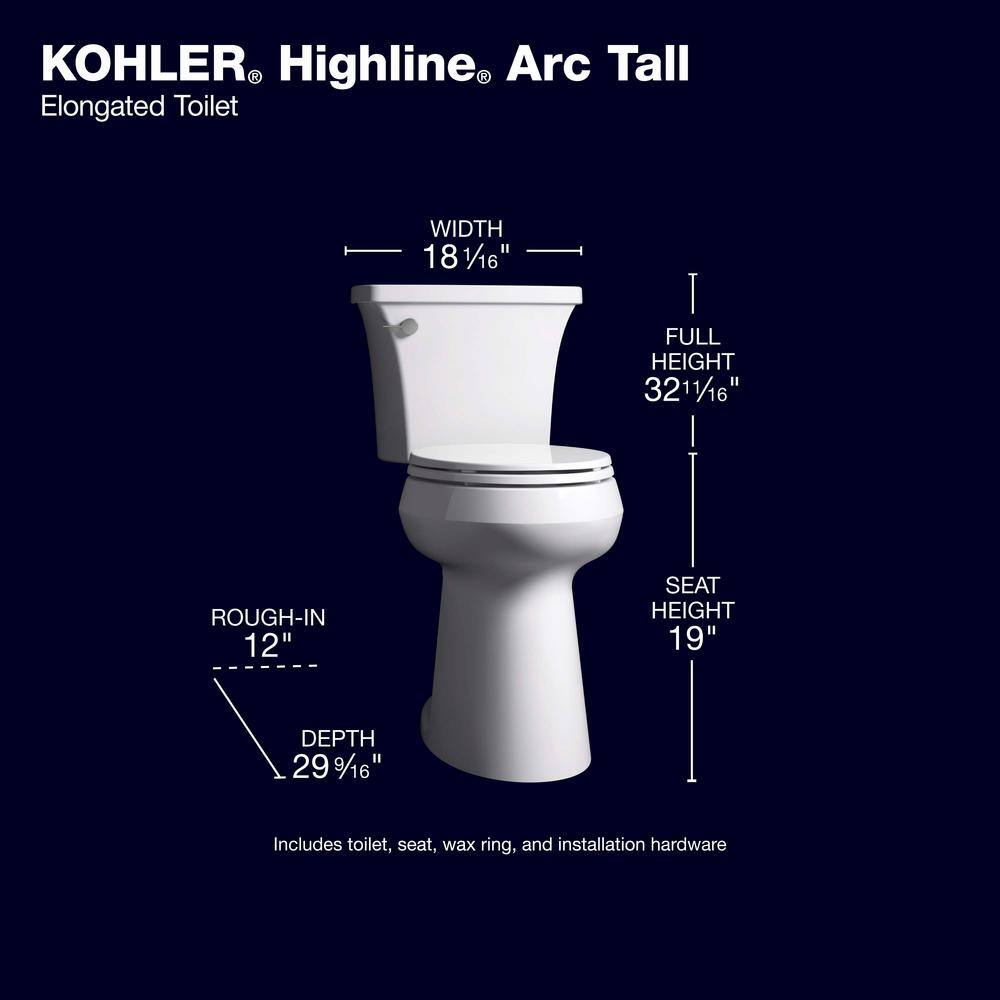 KOHLER Extra Tall Highline Arc Complete Solution 2-piece 1.28 GPF Single Flush Elongated Toilet in White (Seat Included) 78305-0