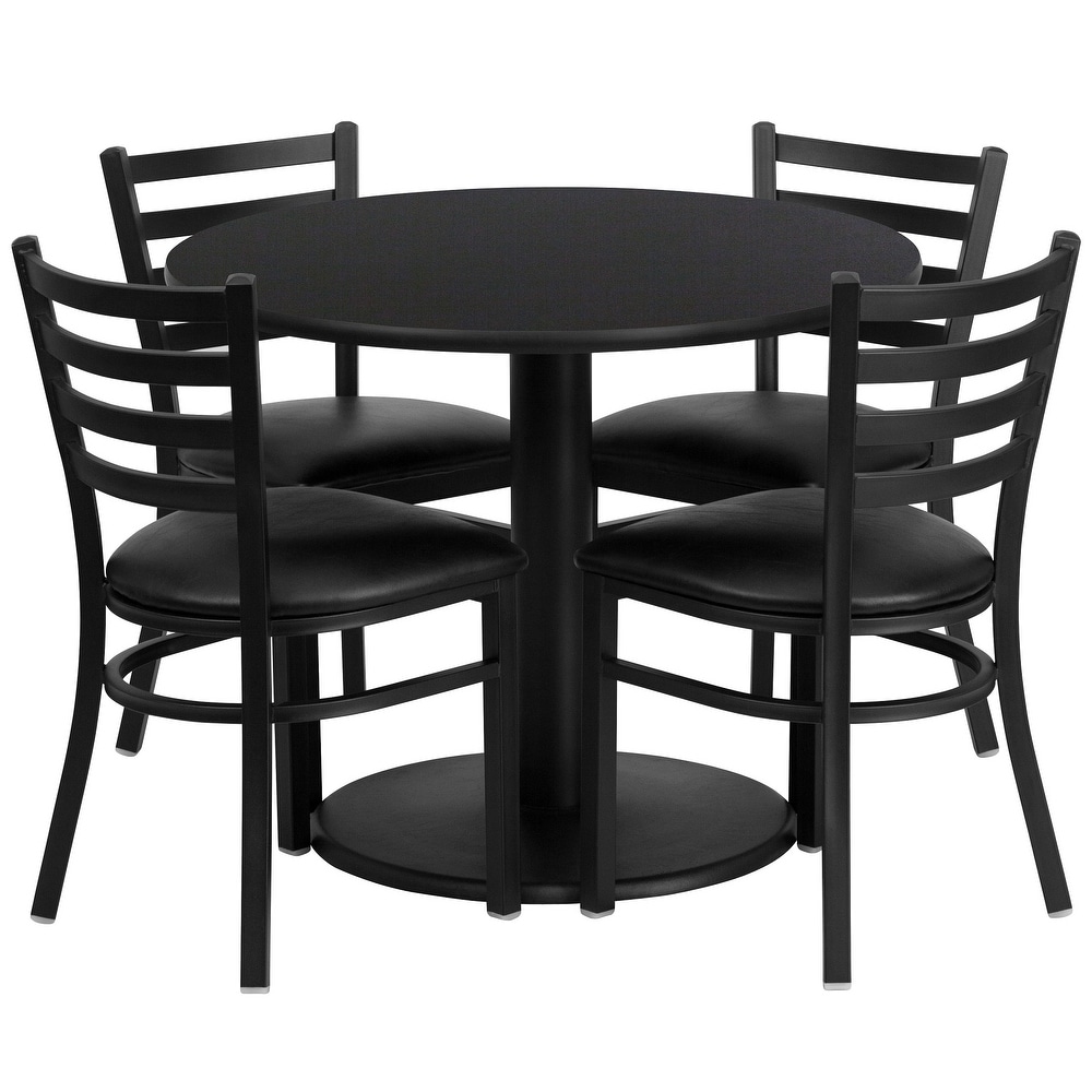 5 Piece Black Round Table with Ladder Back Metal Chairs 36''