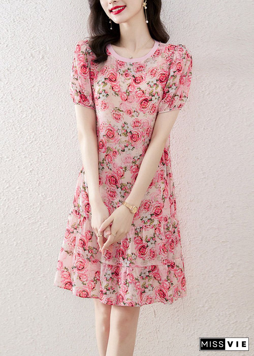 Italian O-Neck Print Wrinkled Silk Mid Dresses Short Sleeve