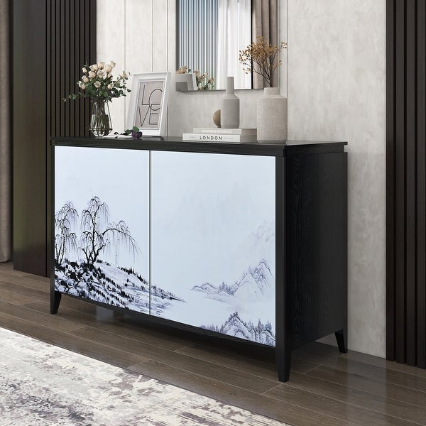 Sideboard Entryway Table with Art Spray Painting， Sofa Table Side Table with 2 Drawers and 4 Shelves for Living room Entryway