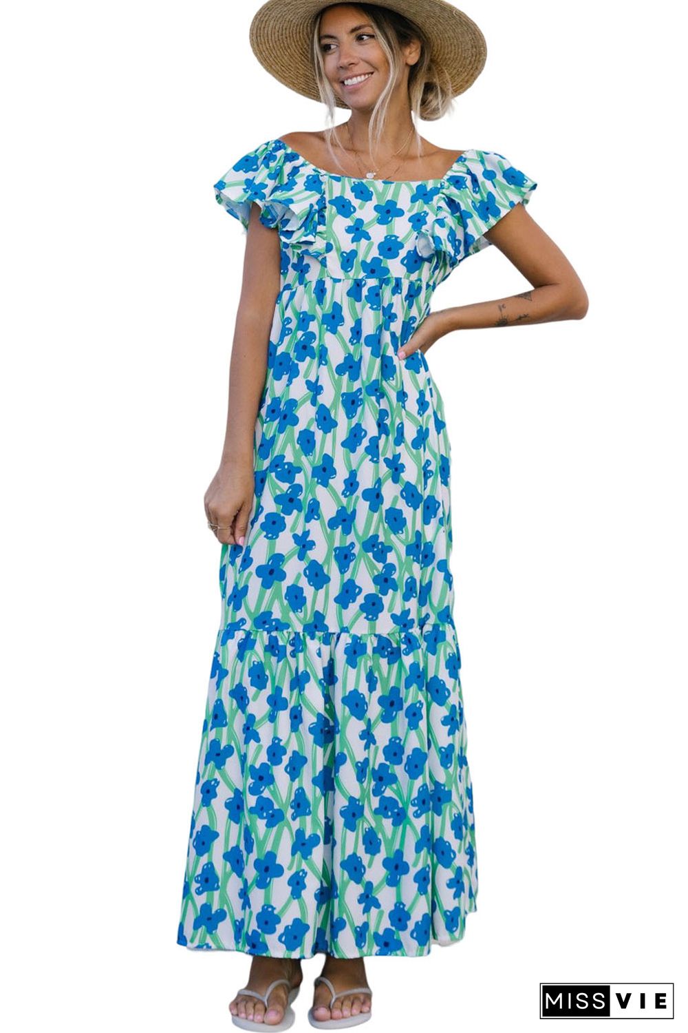 Sky Blue Boho Floral Print Maxi Dress