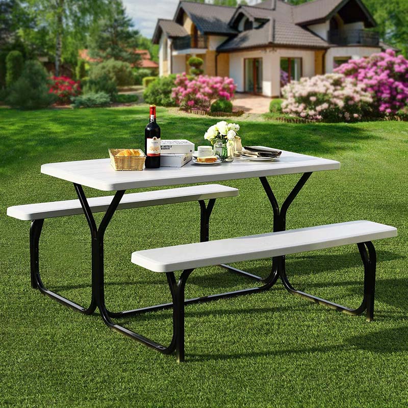 Outdoor Picnic Table Bench Set, All-Weather Dining Table Set, Metal Base Wood-Like Texture, Large Camping Table for Lawn Garden Backyard